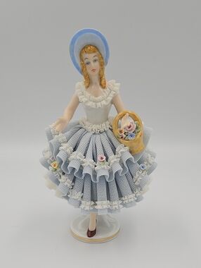 Porcelain Lady Figurine in Blue Ruffled Dress with Basket